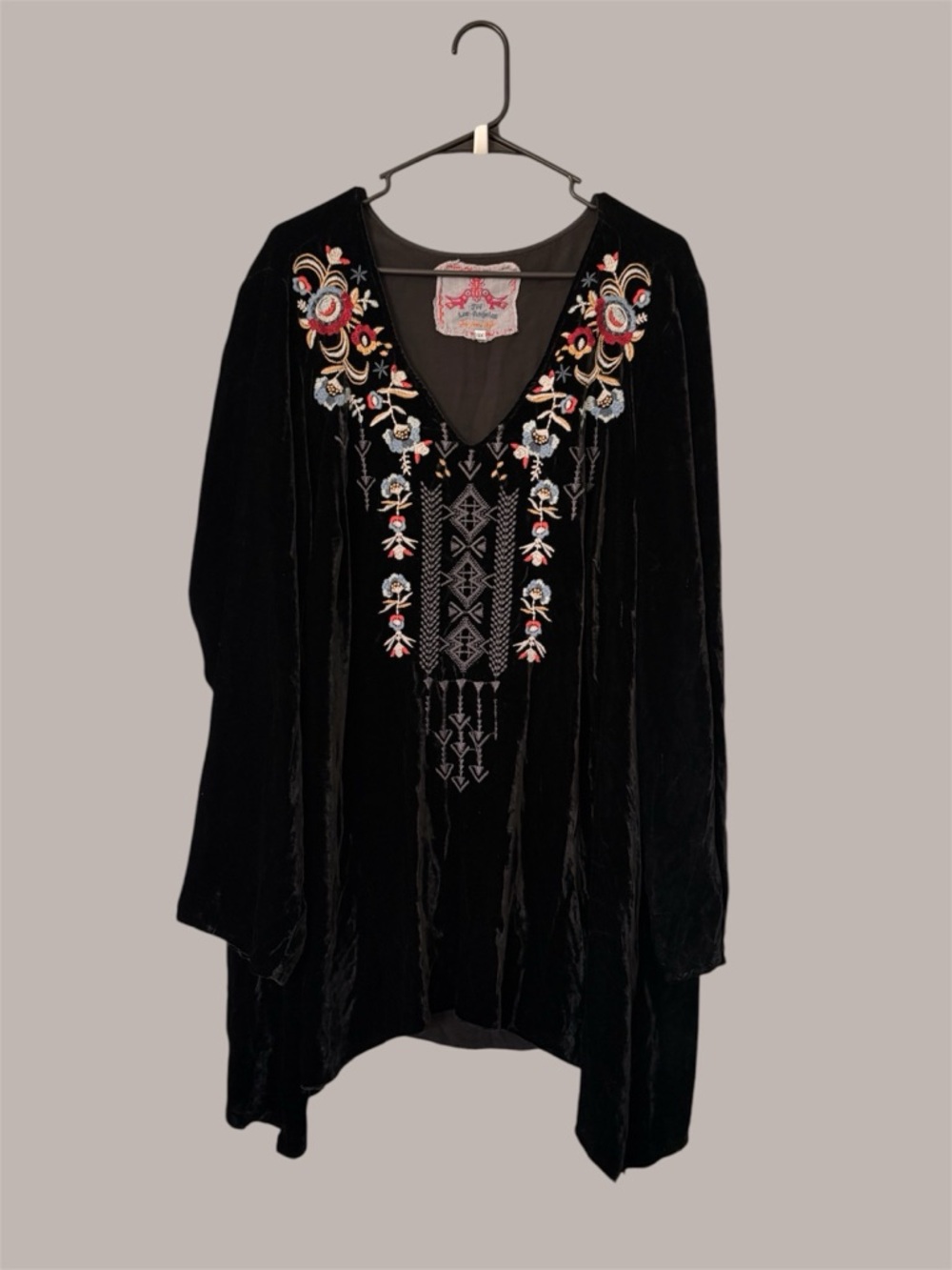 Johnny Was Black Velvet Tunic with Multicolor Floral Embroidery